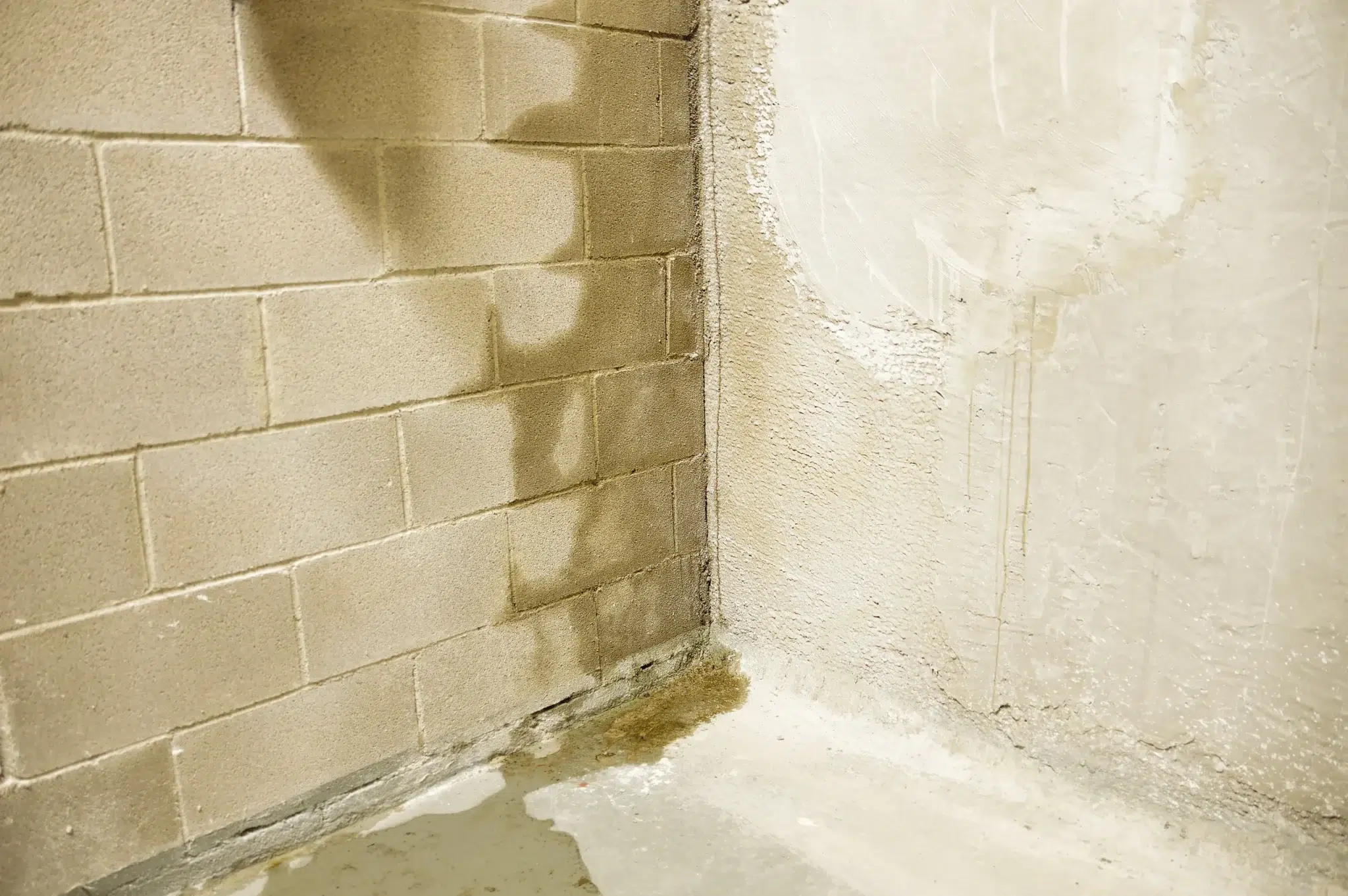 A corner of a basement with visible water seeping through the cinderblocks.